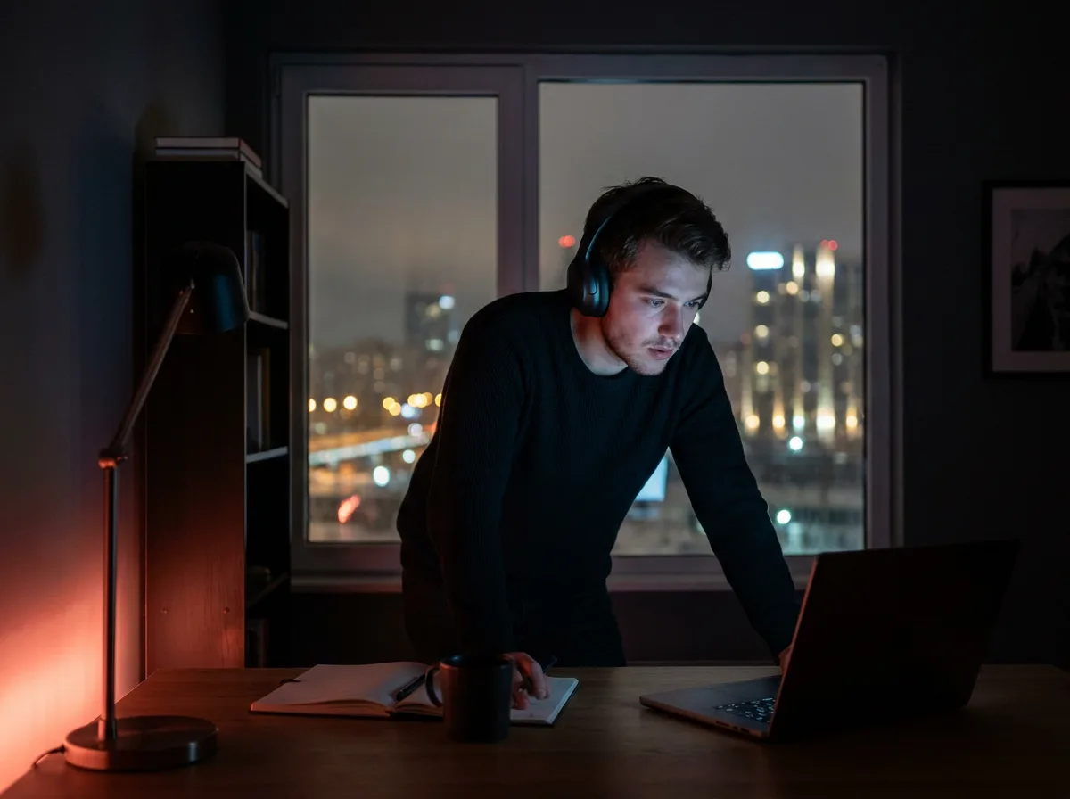 Profissional trabalhando de madrugada com luz de notebook e cidade ao fundo