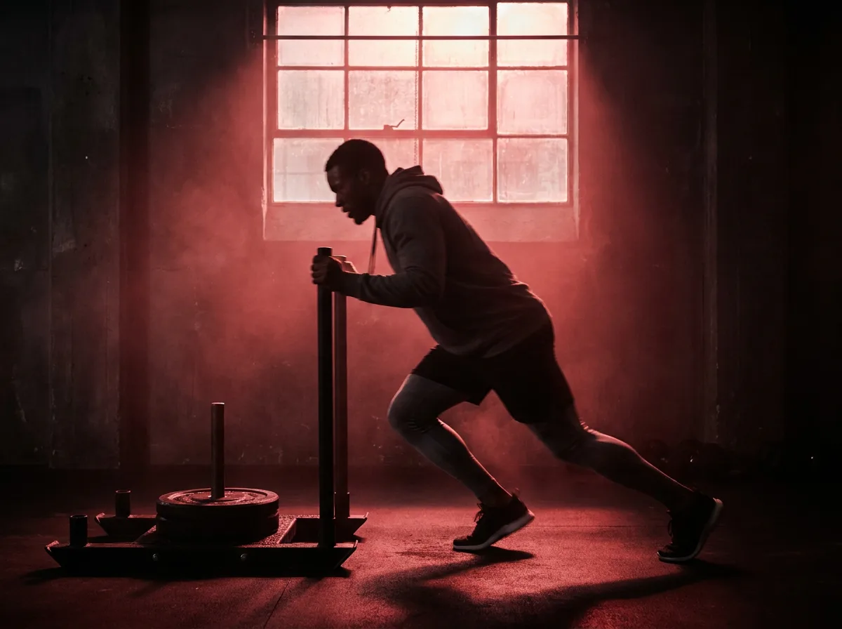 Atleta em treino intenso sob luz vermelha cinematográfica